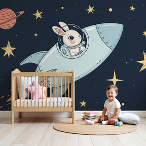 Space rabbit astronaut mural wallpaper decorating modern nursery with cosmic theme by Kids-Mundo