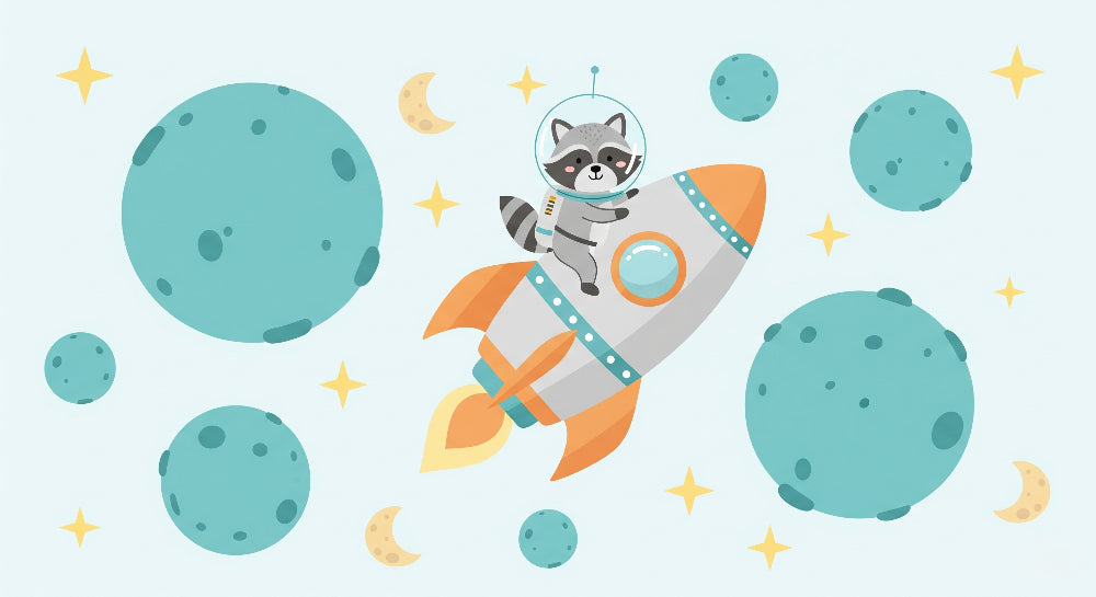 Detailed space raccoon astronaut mural wallpaper design pattern with planets and rocket by Kids-Mundo