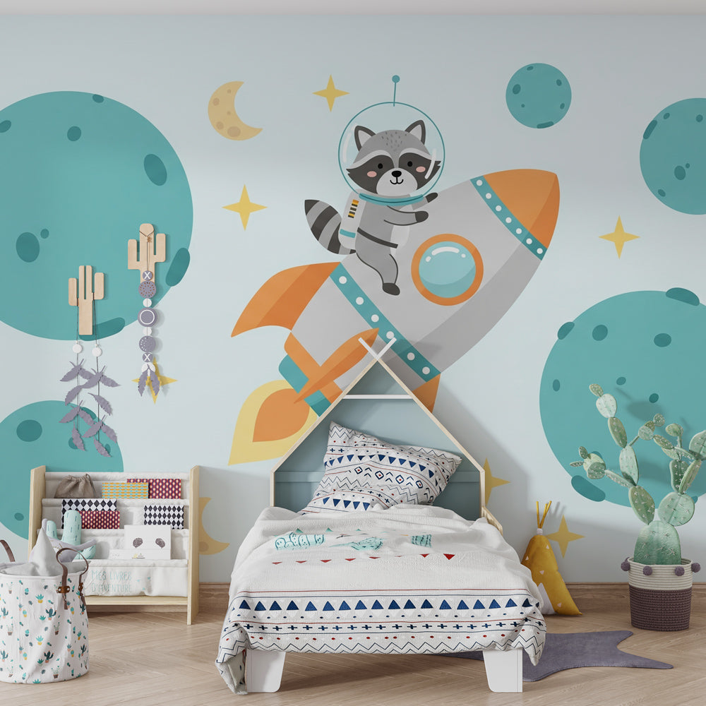 Colorful space-themed playroom with raccoon astronaut mural wallpaper by Kids-Mundo