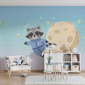Whimsical space raccoon mural wallpaper transforming kids playroom with cosmic adventure theme