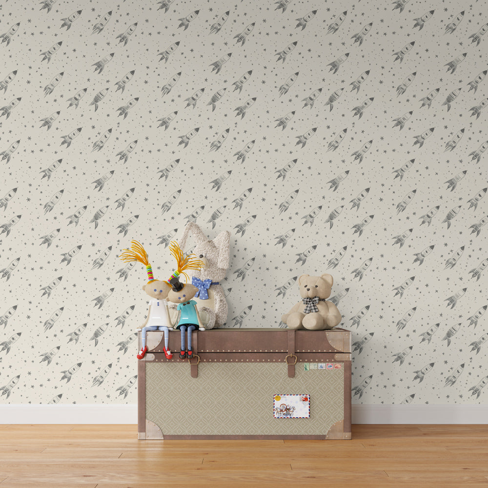 Space adventure themed children's room with rocket and star mural wallpaper installation