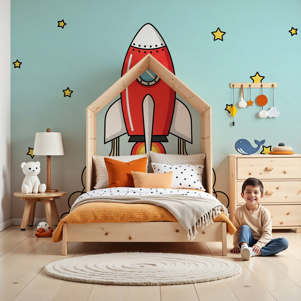 Space rocket mural wallpaper with golden stars in modern kids bedroom by Kids-Mundo