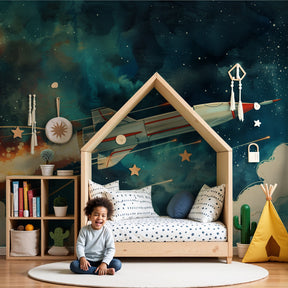 Space rocket mural wallpaper with watercolor cosmos design in modern kids bedroom by Kids-Mundo