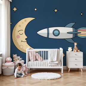 Space rocket mural wallpaper with stars and moon in modern kids bedroom by Kids-Mundo