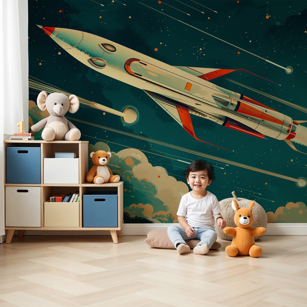 Space rocket mural wallpaper creating cosmic adventure theme in modern kids bedroom by Kids-Mundo