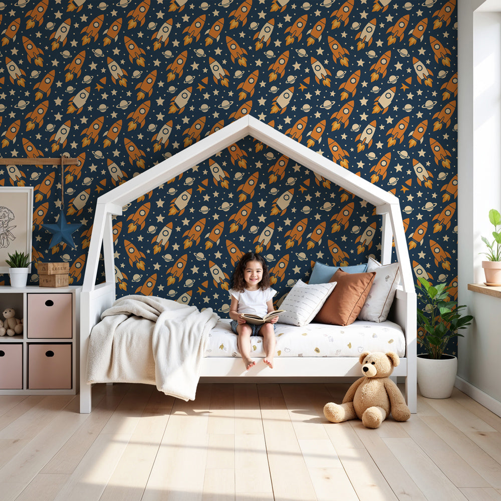 Space rocket mural wallpaper in modern kids bedroom with blue night sky theme by Kids-Mundo