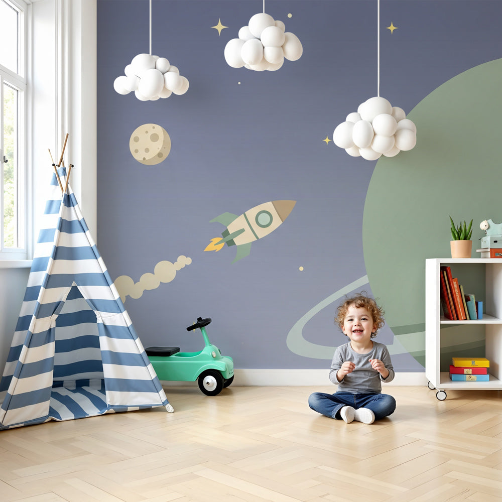 Space rocket mural wallpaper creating cosmic adventure theme in modern kids bedroom by Kids-Mundo