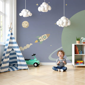 Space rocket mural wallpaper creating cosmic adventure theme in modern kids bedroom by Kids-Mundo