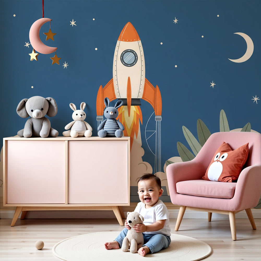 Space rocket mural wallpaper in modern children's bedroom with starry night theme by Kids-Mundo