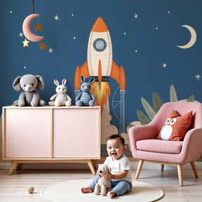 Space rocket mural wallpaper in modern children's bedroom with starry night theme by Kids-Mundo