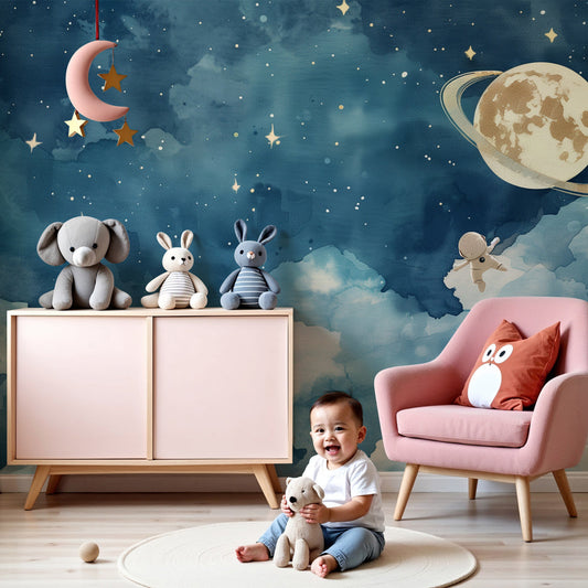 Space rocket mural wallpaper with astronaut creating magical children's bedroom by Kids-Mundo