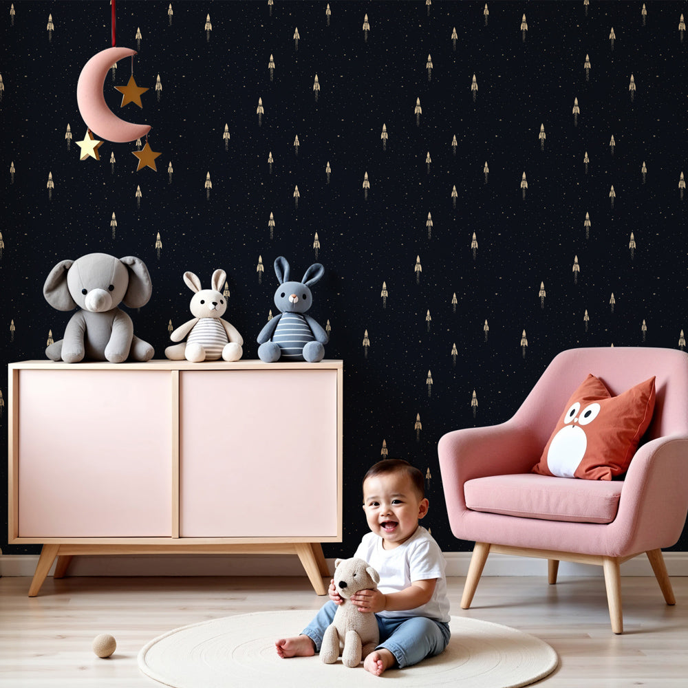 Space rocket mural wallpaper with golden rockets on starry sky in modern kids bedroom by Kids-Mundo