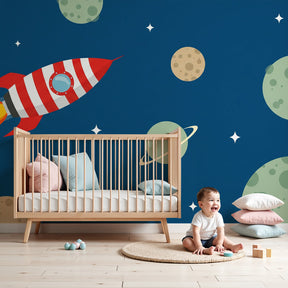 Space rocket mural wallpaper transforming modern kids bedroom with galaxy theme by Kids-Mundo