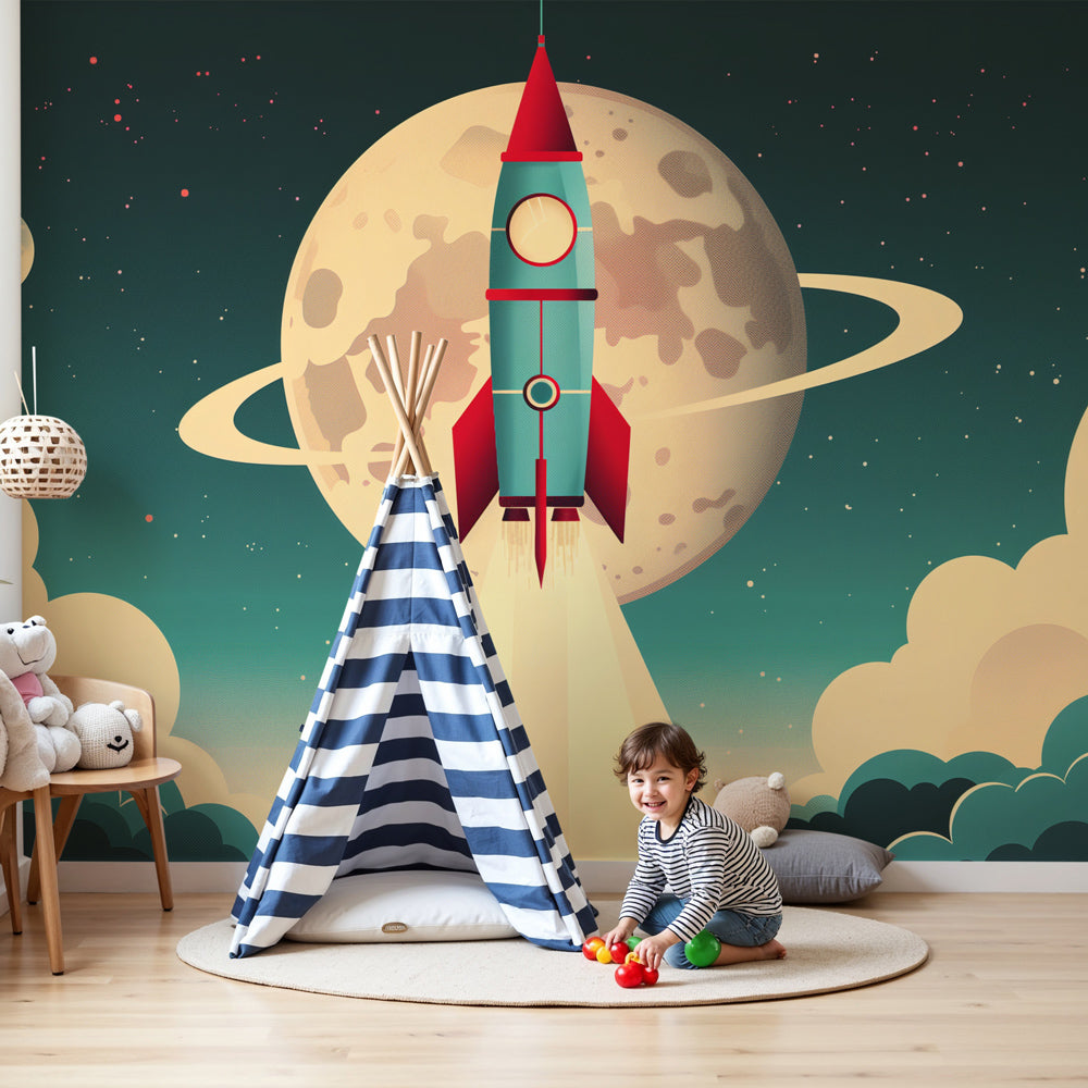 Retro space rocket mural wallpaper decorating modern kids bedroom by Kids-Mundo