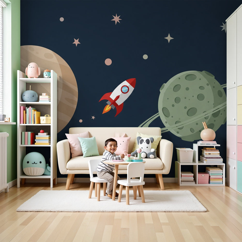 Space rocket mural wallpaper creating galactic adventure theme in modern kids bedroom by Kids-Mundo