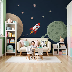 Space rocket mural wallpaper creating galactic adventure theme in modern kids bedroom by Kids-Mundo