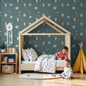 Space rocket mural wallpaper with blue planets in modern kids bedroom by Kids-Mundo