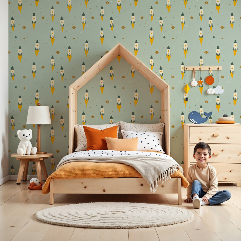 Space rocket mural wallpaper with planets in modern kids bedroom by Kids-Mundo