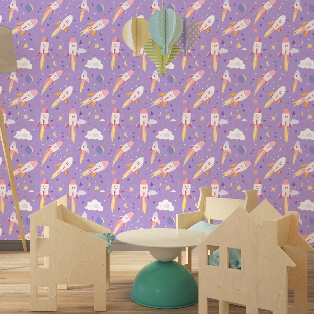 Happy rocket wallpaper creating astronaut adventure theme in children's bedroom decor