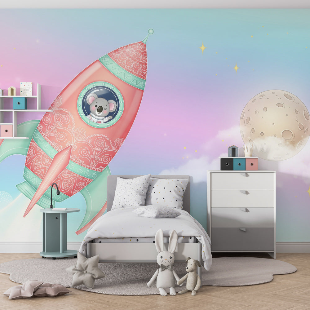 Koala space adventure mural wallpaper creating magical kids bedroom decor with starry sky