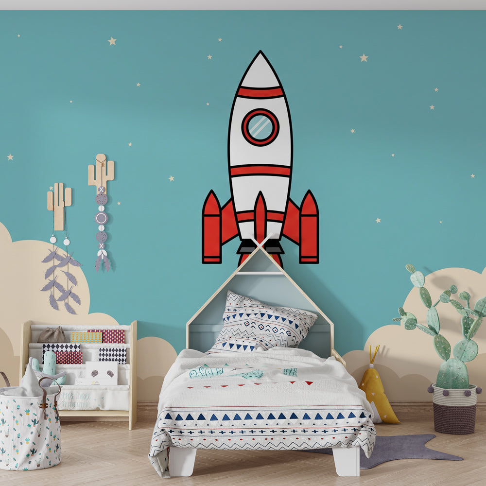 Red rocket wallpaper creating adventure themed kids bedroom decor with beige clouds