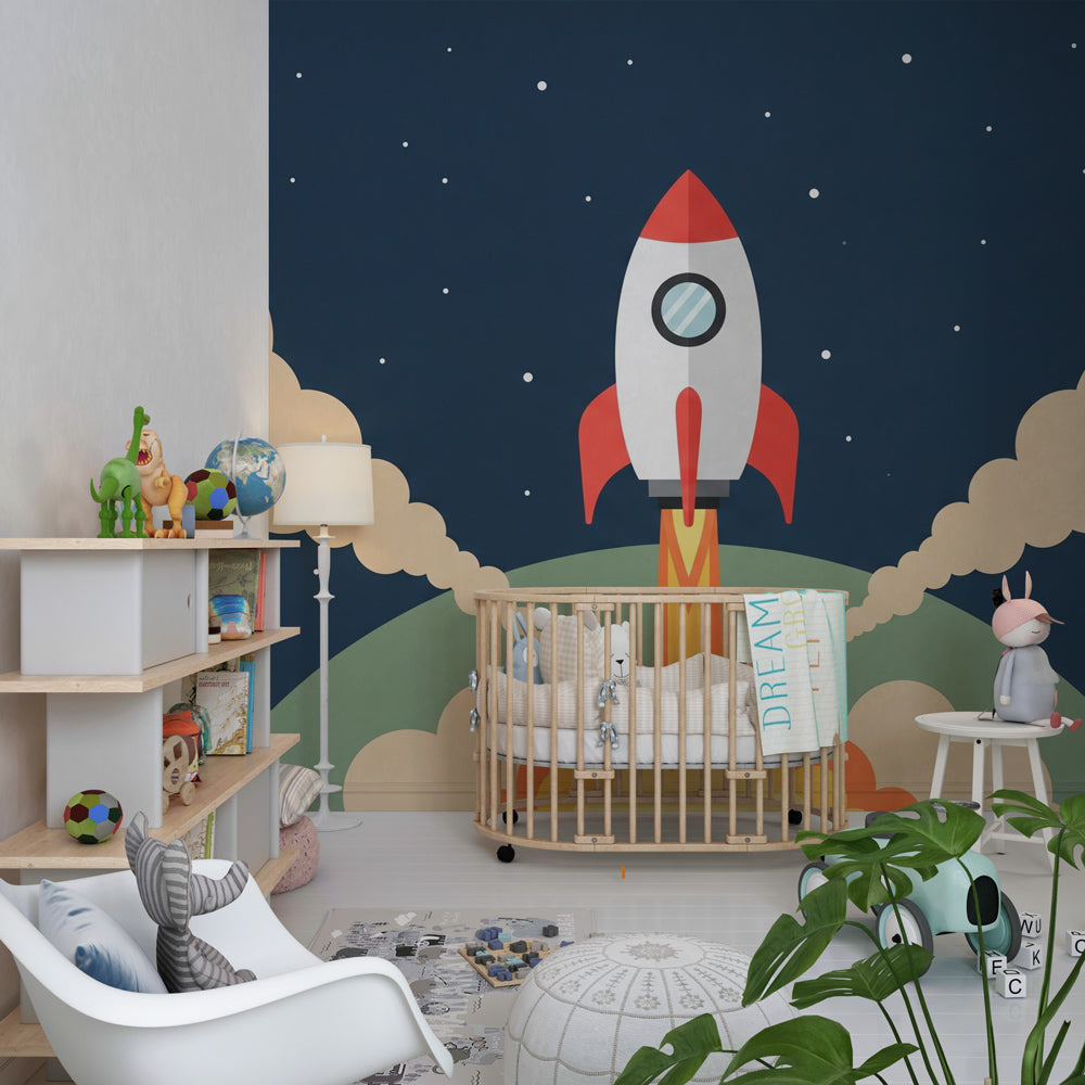 Colorful rocket ship wallpaper transforming children's bedroom into galactic exploration theme