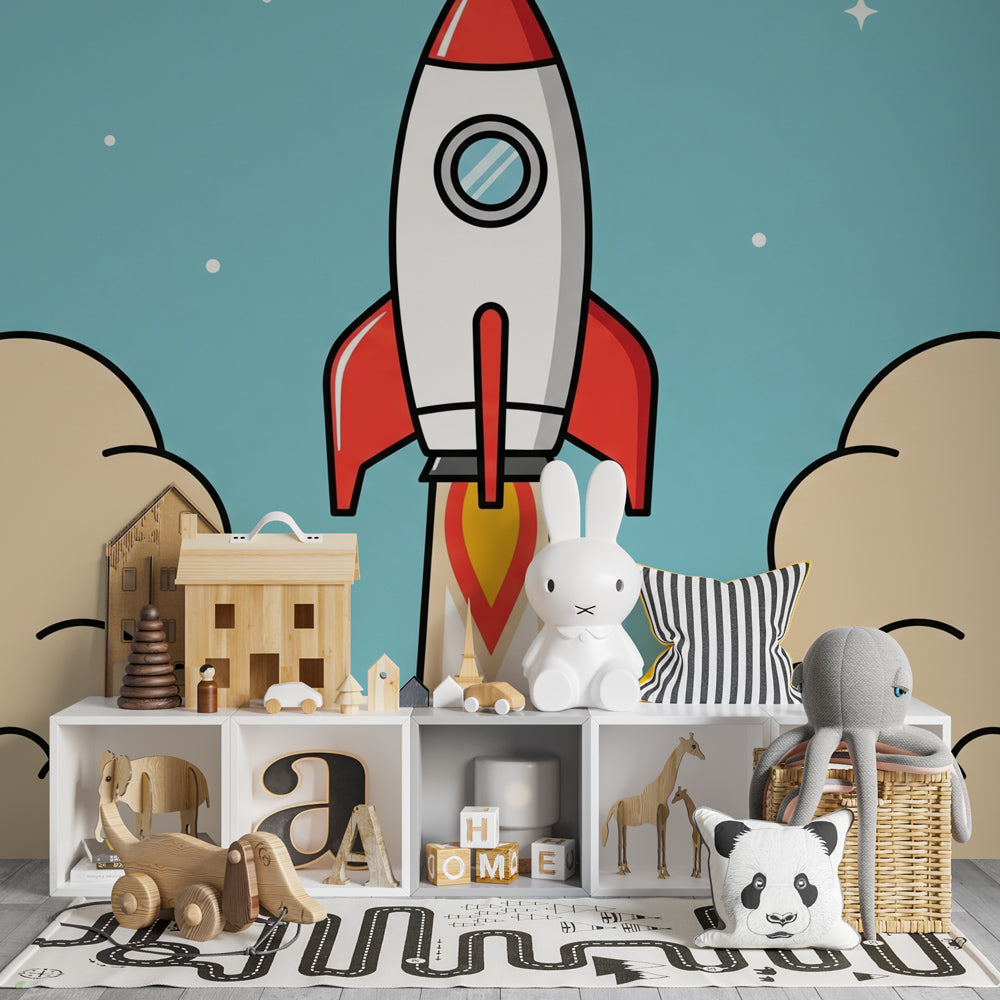 Cosmic rocket wallpaper transforming modern kids bedroom into space adventure by Kids-Mundo