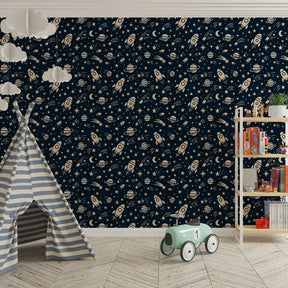 Children's space wallpaper creating cosmic adventure atmosphere in kids bedroom
