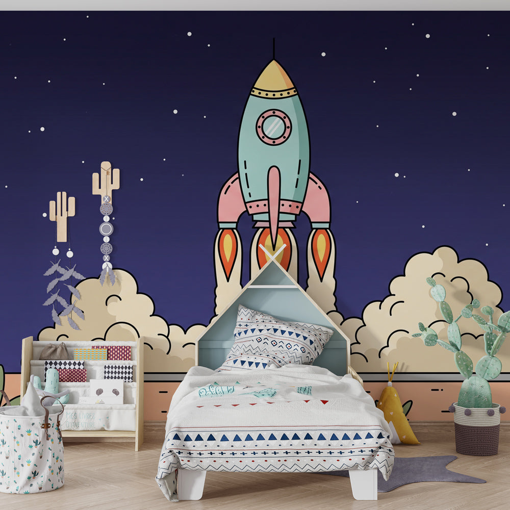 Colorful space rocket wallpaper with starry sky design transforming children's bedroom decor