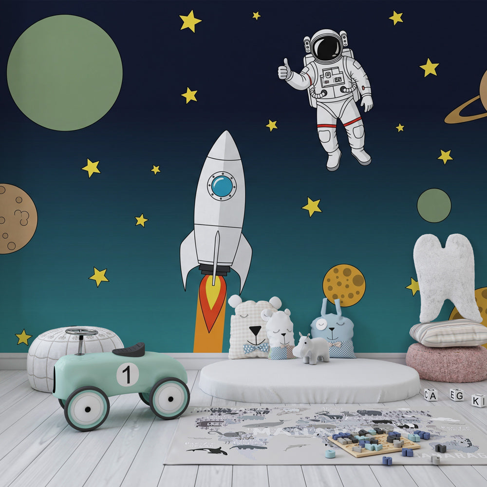 Astronaut and rocket ship wallpaper transforming kids bedroom into cosmic adventure space