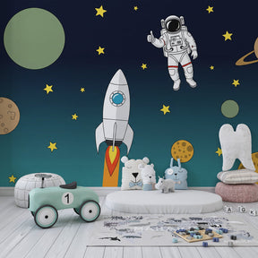 Astronaut and rocket ship wallpaper transforming kids bedroom into cosmic adventure space