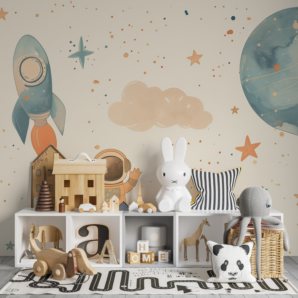 Soft beige space themed mural wallpaper with floating rockets and planets for children's room