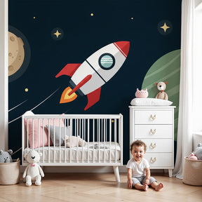 Space rocket mural wallpaper creating cosmic adventure theme in modern boys bedroom by Kids-Mundo