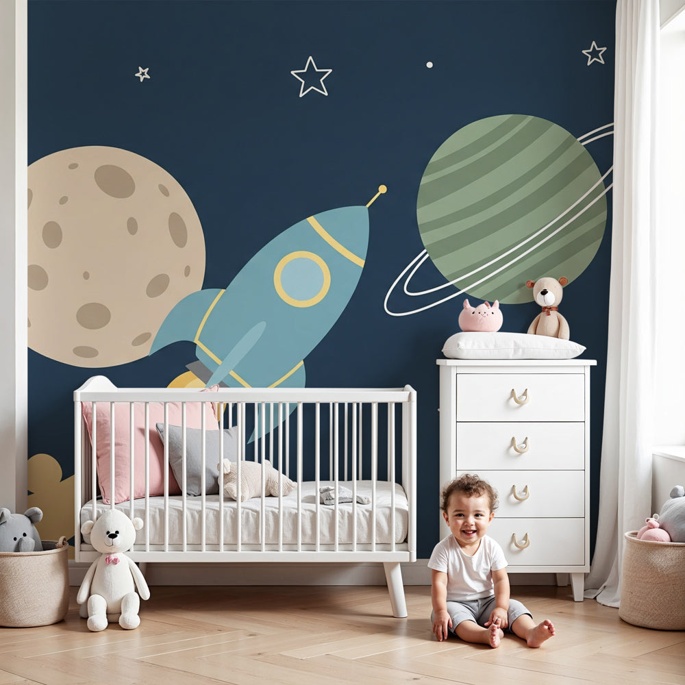 Space rocket mural wallpaper with planets in modern boys bedroom by Kids Mundo