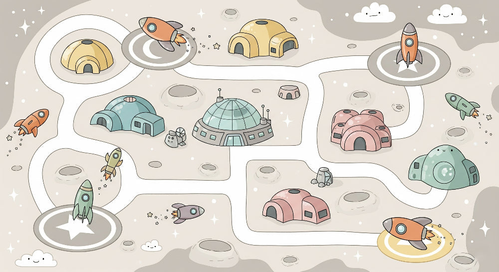 Detailed space rocket mural wallpaper design pattern with colorful rockets and lunar landscape by Kids-Mundo