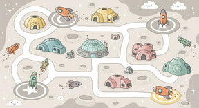 Detailed space rocket mural wallpaper design pattern with colorful rockets and lunar landscape by Kids-Mundo