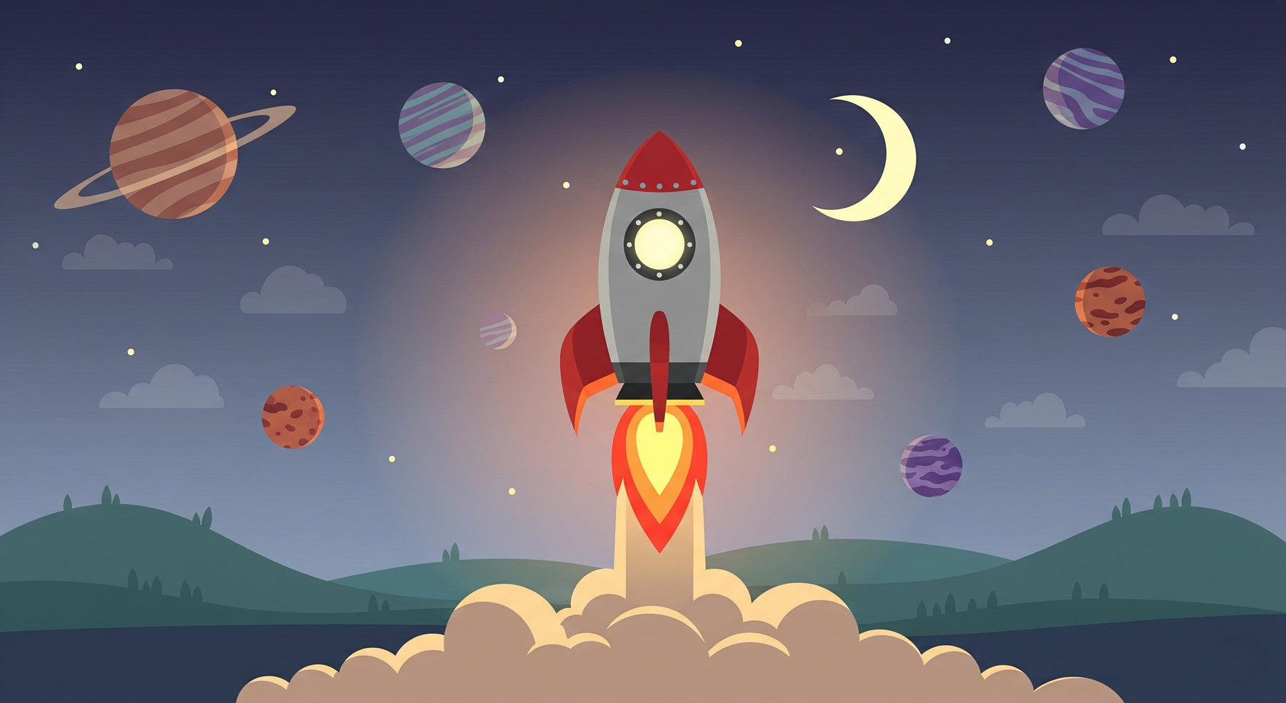 Detailed space rocket mural wallpaper design pattern with planets and stars by Kids-Mundo