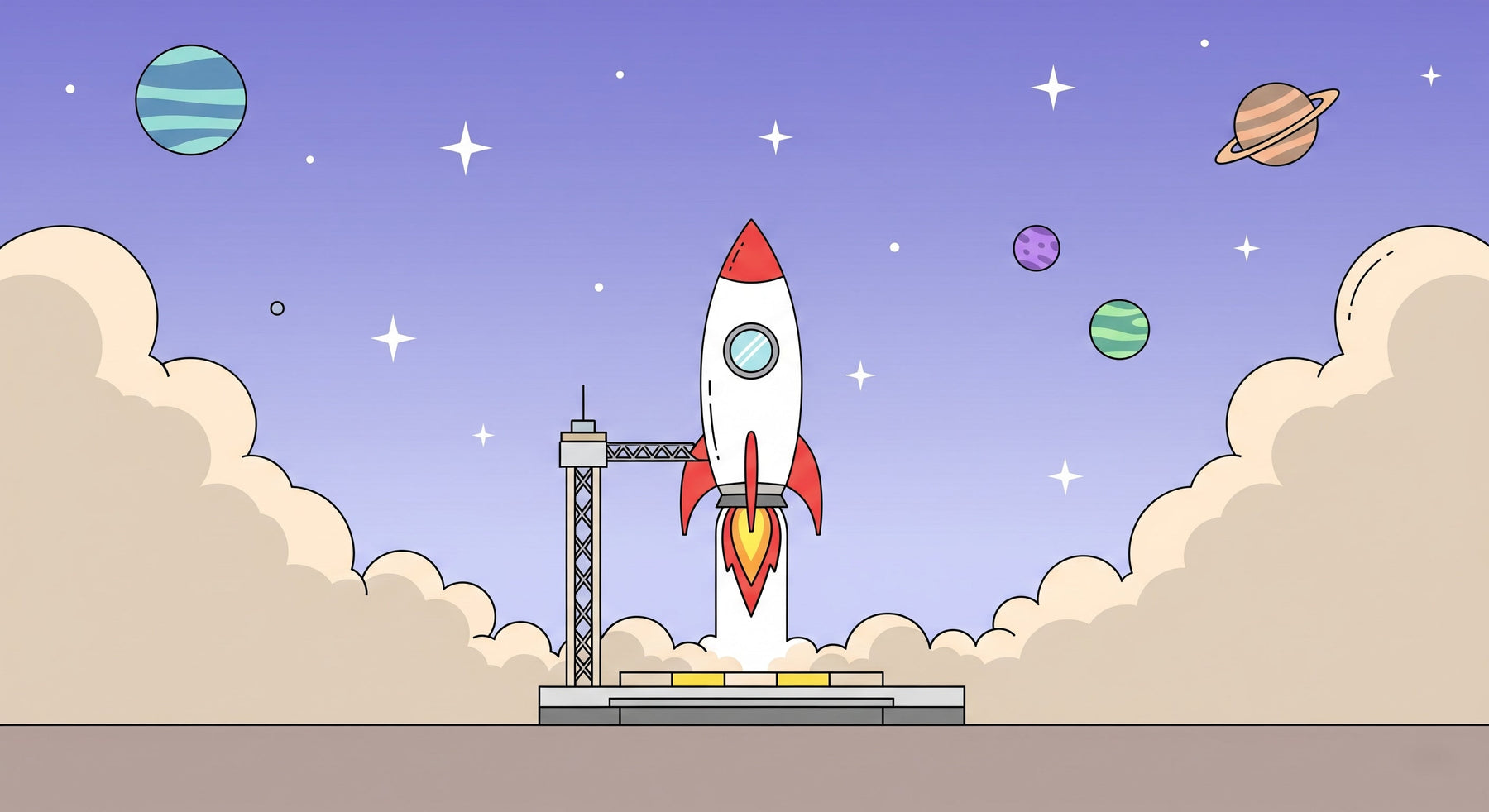Detailed space rocket launch mural wallpaper design pattern with planets and stars by Kids-Mundo