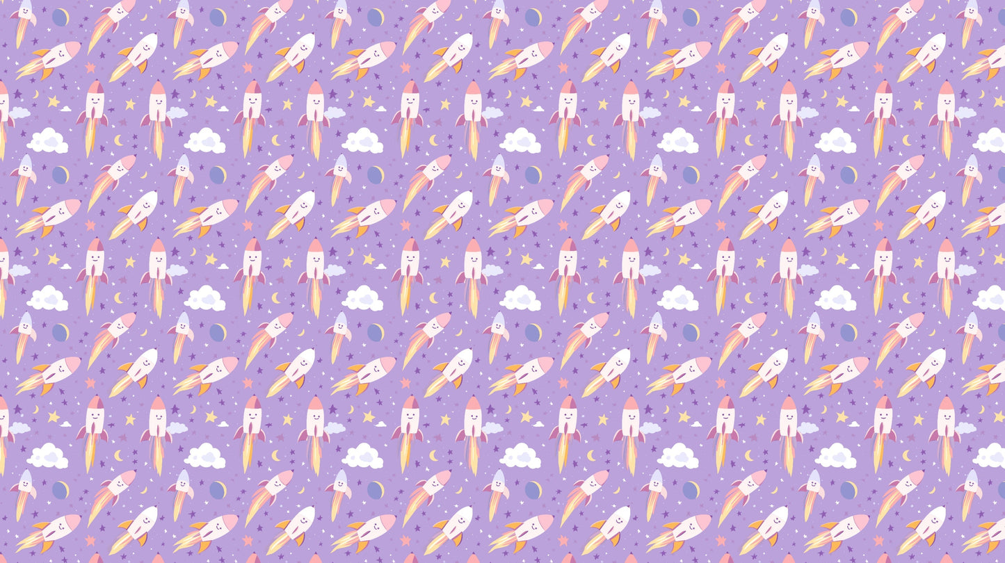 Detailed space rocket mural wallpaper design pattern with purple background by Kids-Mundo