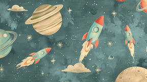Detailed space rocket mural wallpaper design pattern with planets and stars by Kids-Mundo