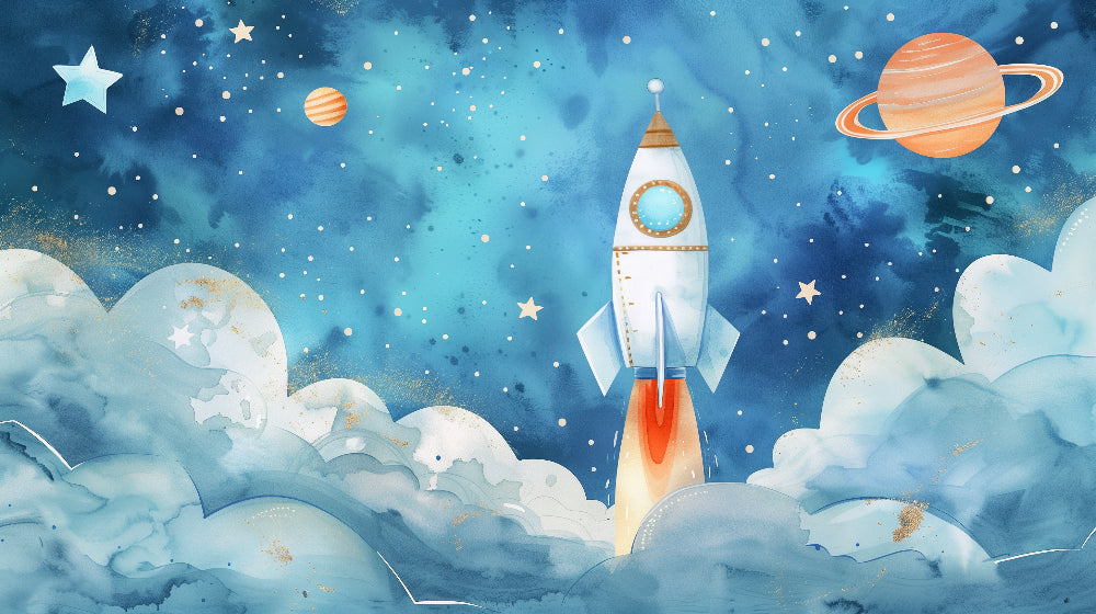 Detailed watercolor space rocket mural wallpaper design pattern with blue stars by Kids-Mundo