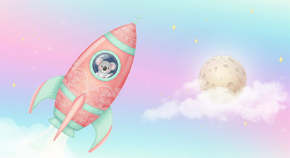 Detailed space rocket and koala explorer mural wallpaper design pattern by Kids-Mundo