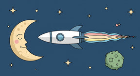 Detailed space rocket mural wallpaper design pattern with moon and stars by Kids-Mundo