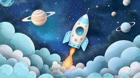 Detailed navy blue space rocket mural wallpaper design pattern with planets and stars by Kids-Mundo