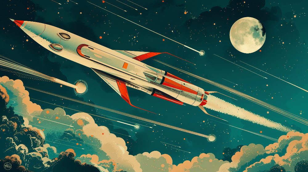 Detailed space rocket mural wallpaper design pattern showing cosmic adventure scene by Kids-Mundo