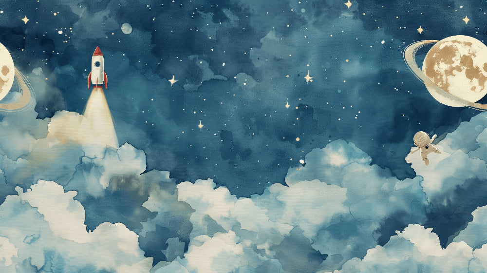 Detailed space rocket and astronaut mural wallpaper design pattern by Kids-Mundo
