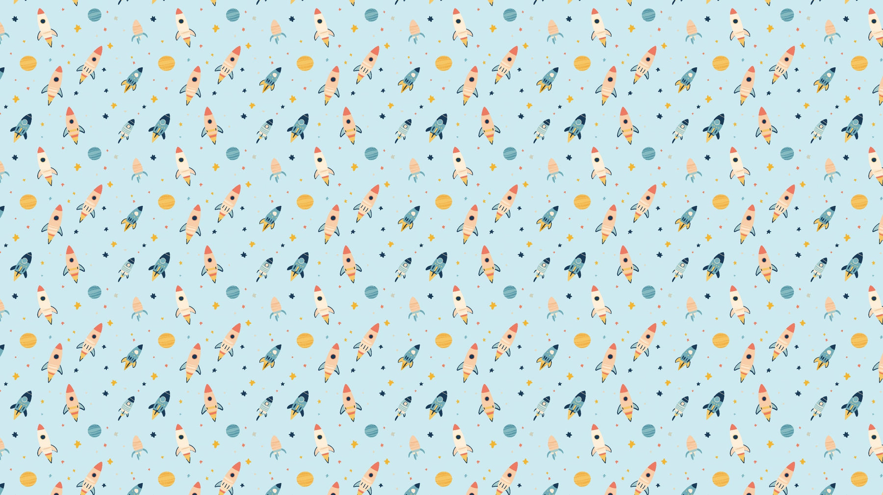 Detailed space rocket mural wallpaper design pattern with colorful rockets on blue by Kids-Mundo