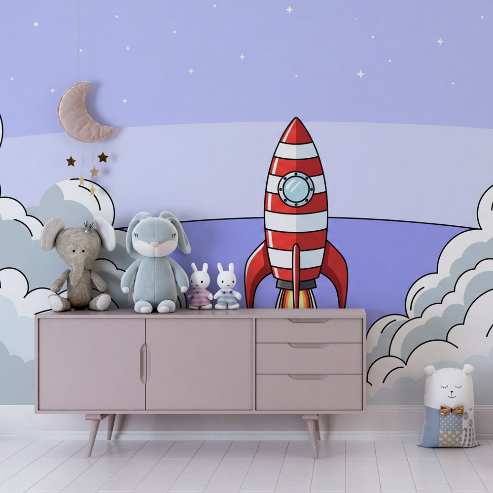 Red and white rocket wallpaper creating space adventure theme in children's bedroom