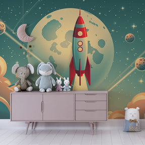 Retro space adventure wallpaper with moon and stars decorating children's bedroom interior