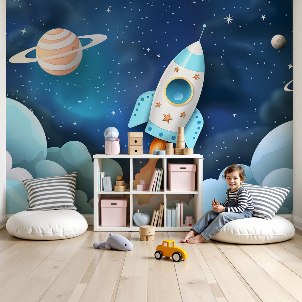Space rocket mural wallpaper with navy blue galaxy design in modern kids bedroom by Kids-Mundo
